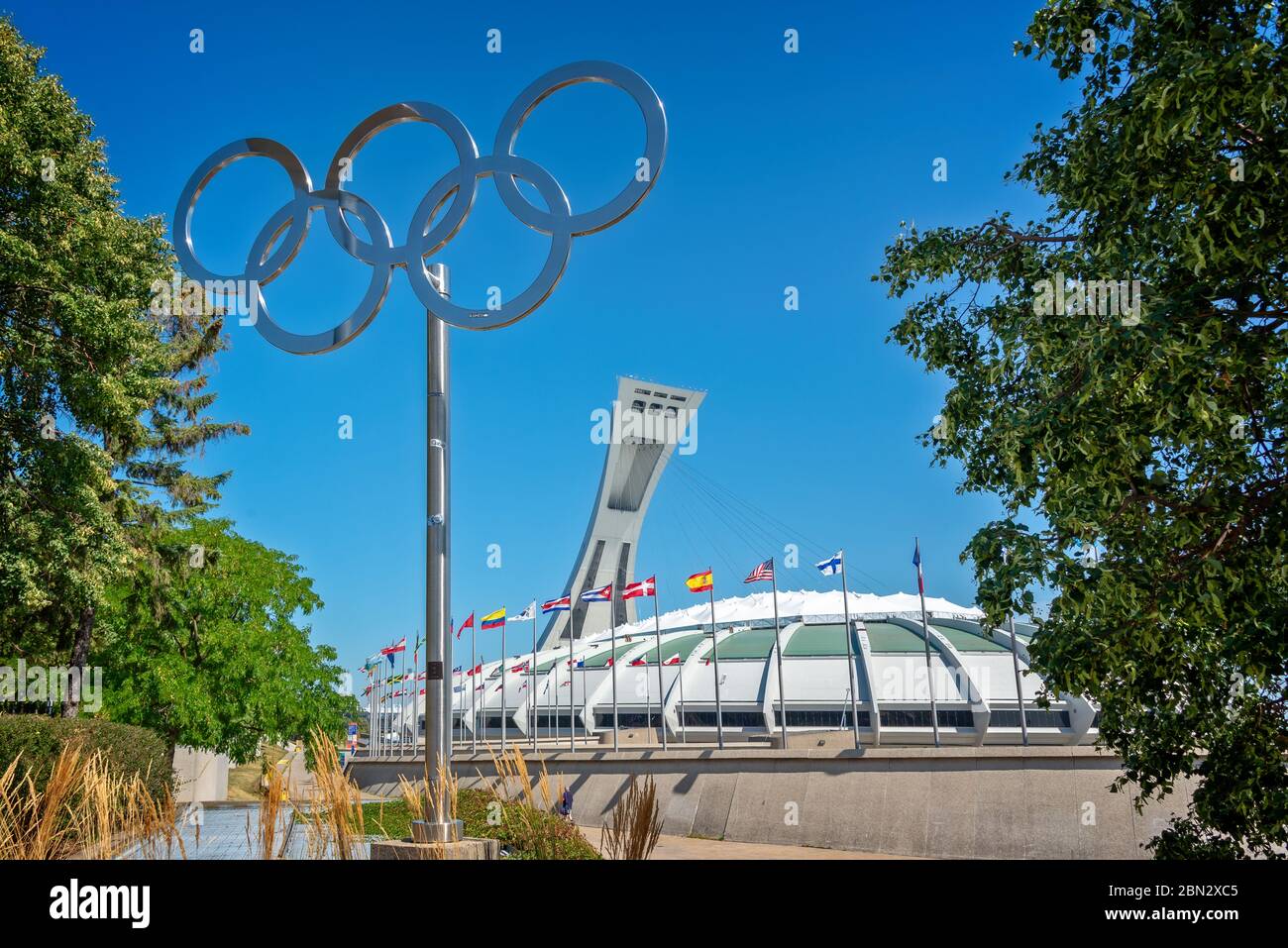 Montreal olympic stadium and olympic rings, Quebec, Canada Stock Photo