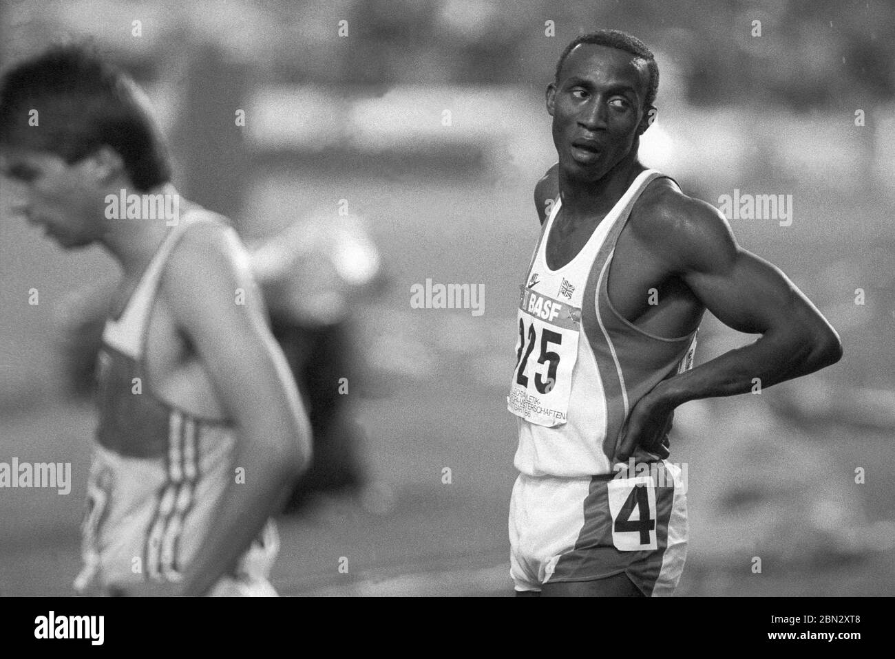LINFORD CHRISTIE British sprinter winning the 100m final in European Championship in Stuttgart Germany 1986 Stock Photo