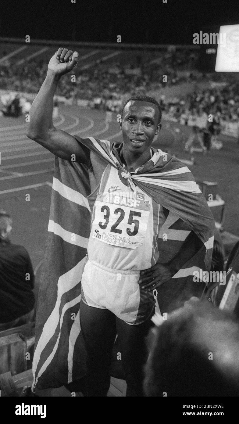 LINFORD CHRISTIE British sprinter  win the 100m final in European Championship in Stuttgart Germany 1986 Stock Photo