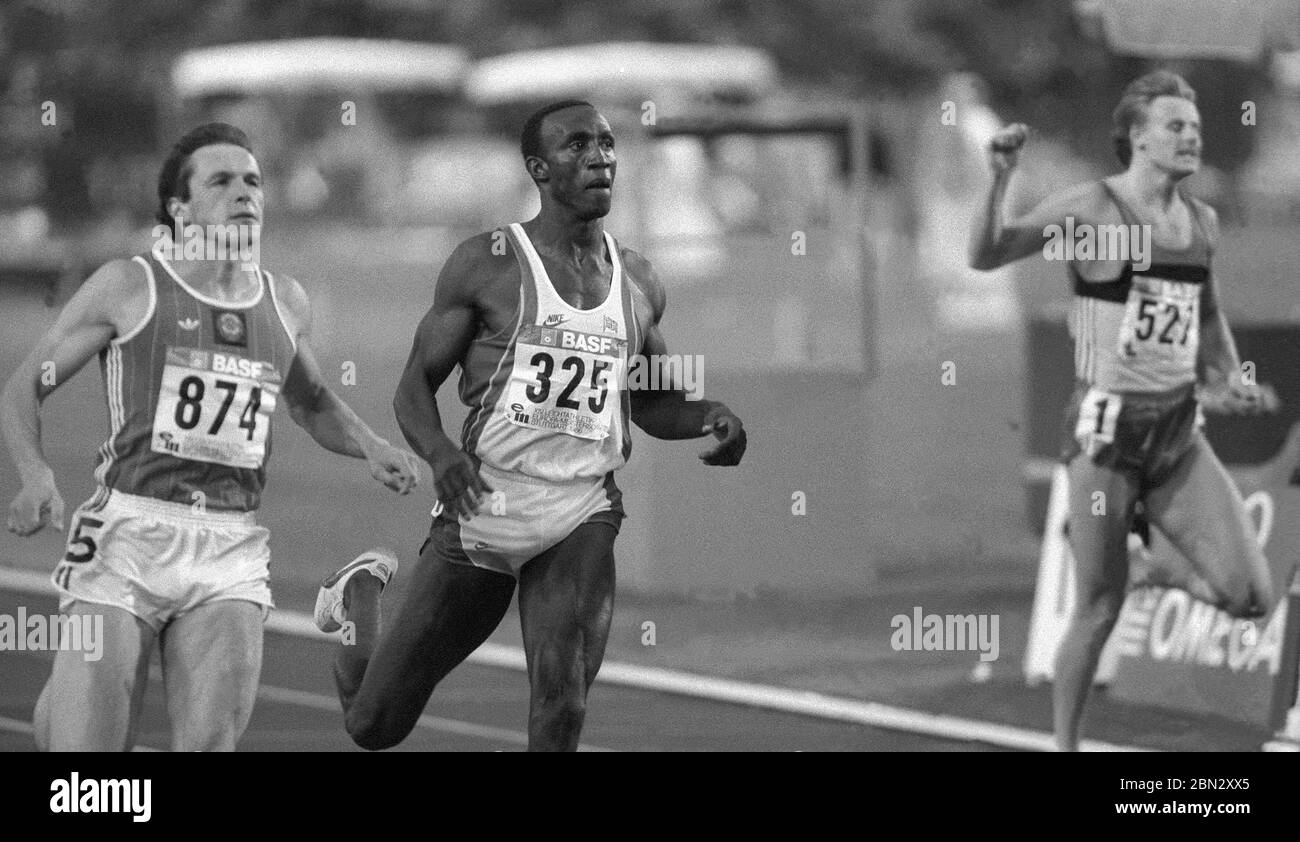 LINFORD CHRISTIE British sprinter win a heat on 100m in European Championship in Stuttgart Germany 1986 Stock Photo