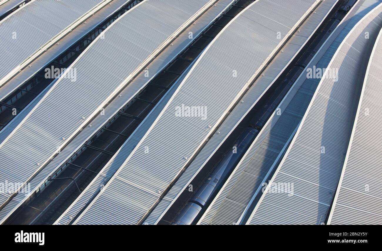 Corrugated train station rooftops Stock Photo