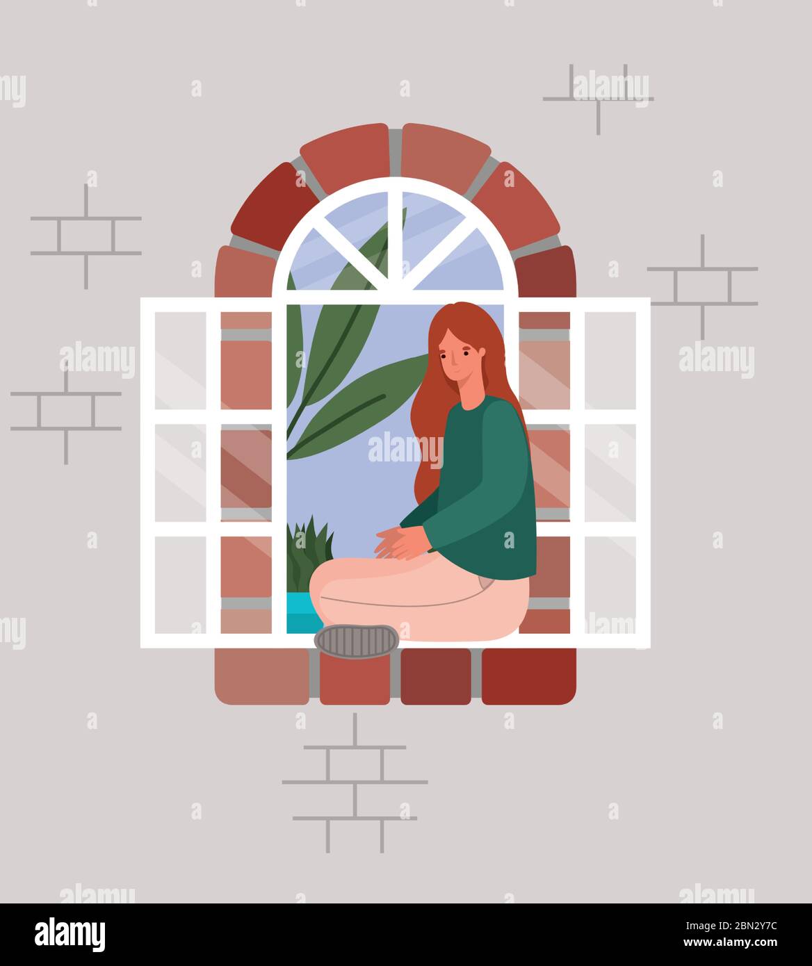 Woman looking out the window from gray house vector design Stock Vector