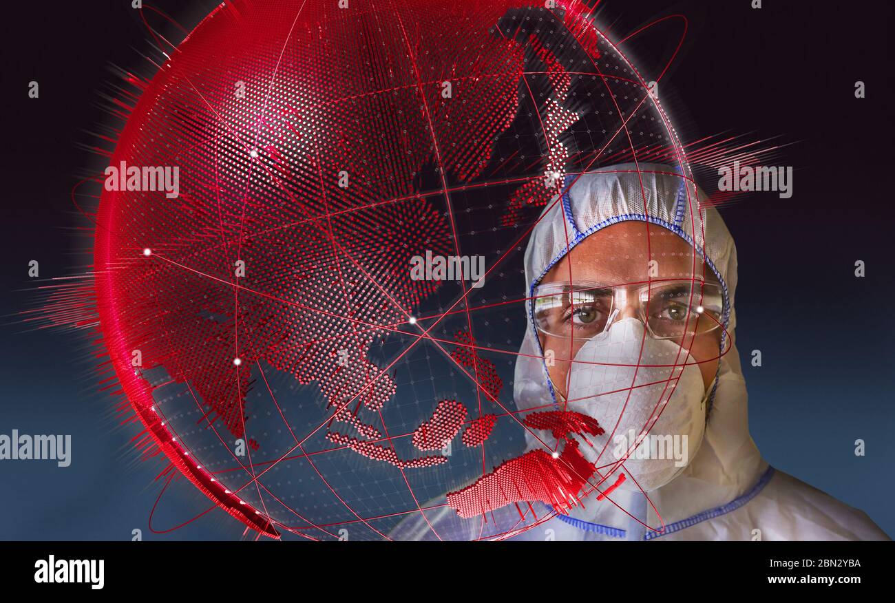 Portrait scientist in clean suit behind global coronavirus pandemic Stock Photo