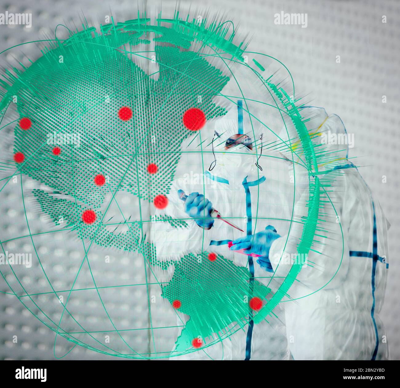 Scientists in clean suits researching global coronavirus pandemic Stock Photo