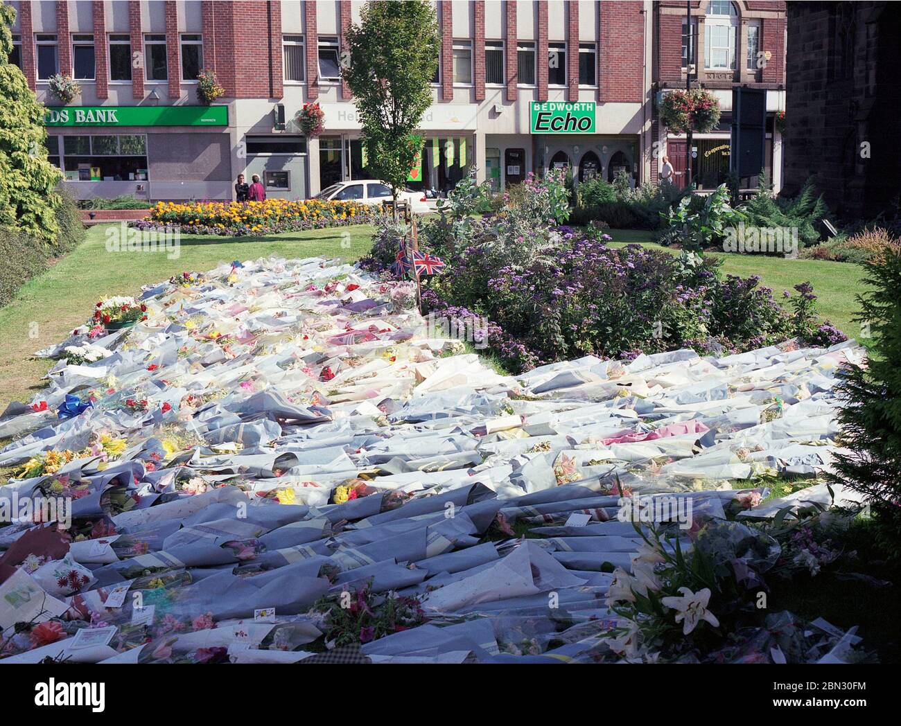 1997, A sea of flowers for the death of Diana Princess of Wales, Bedworth town centre, West Midlands, England, UK Stock Photo