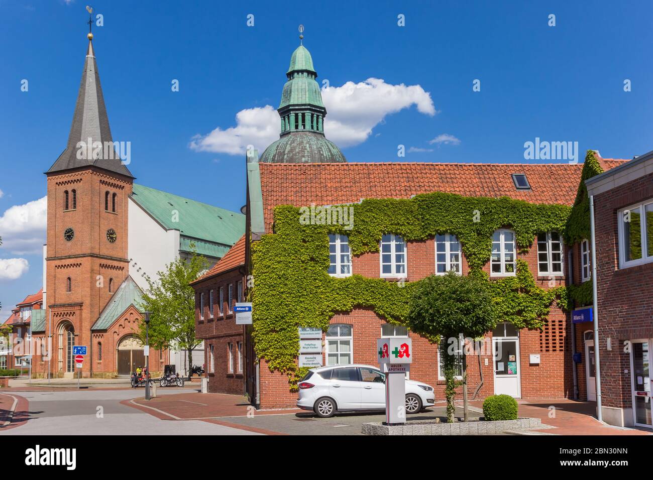 Central street with Emsland Dom church in Haren, Germany Stock Photo
