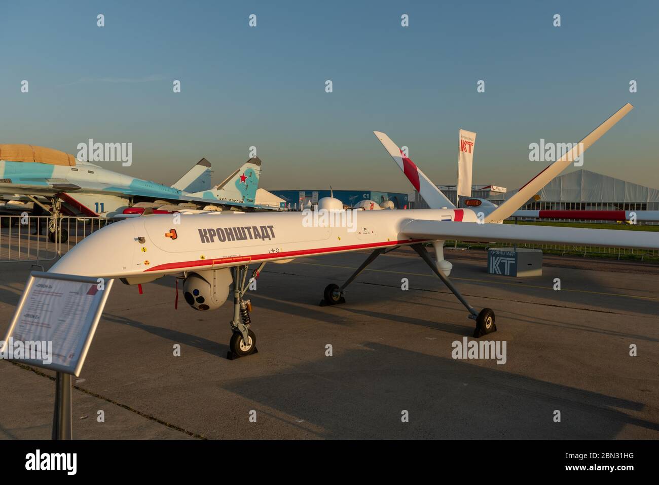 August 30, 2019. Zhukovsky, Russia. Russian unmanned aerial vehicle (UAV) long-duration flight developed by company 'Kronstadt' (AFK Sistema) at the I Stock Photo
