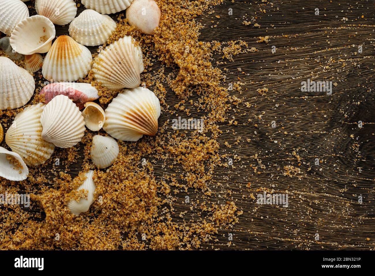 Different seashells and sand on wooden surface Stock Photo