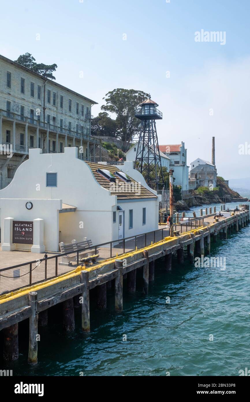Alcatraz Prison island in San Francisco Bay showing the famous water tower Stock Photo