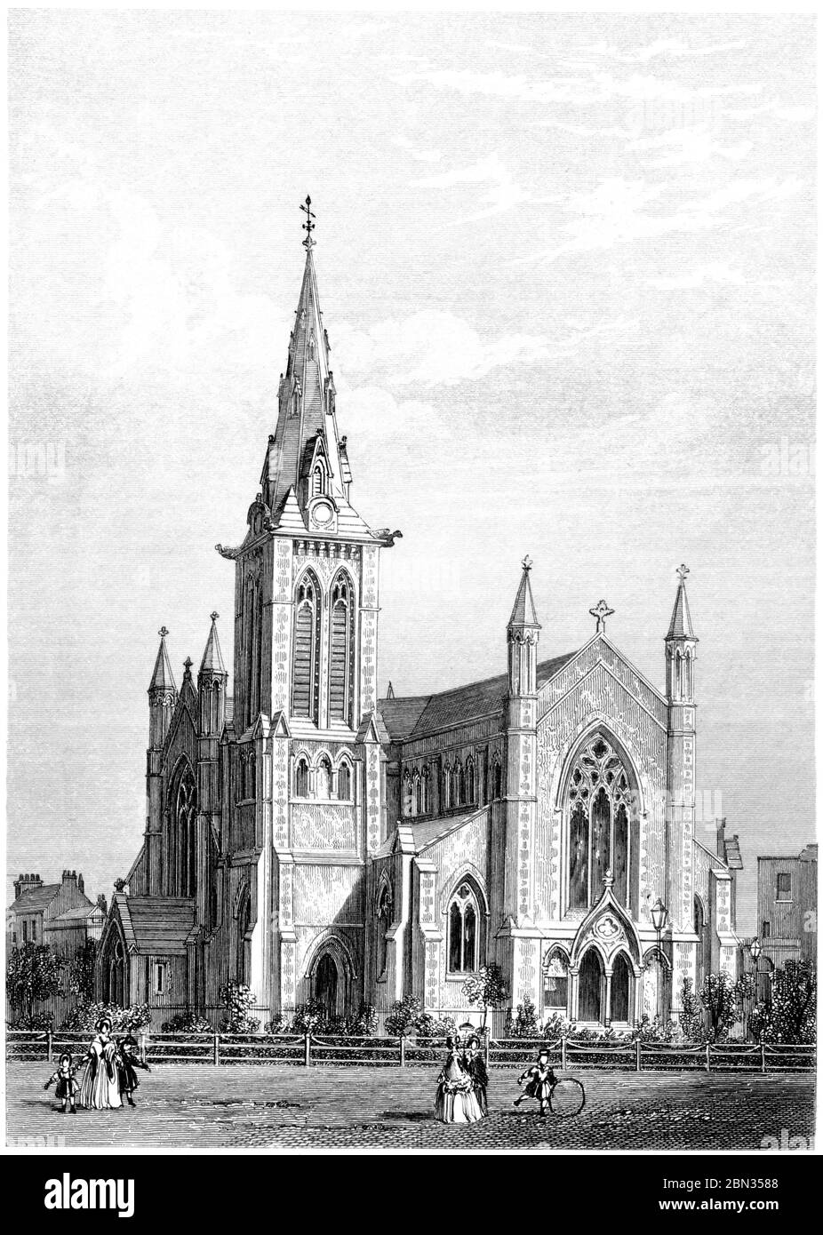 An engraving of Christ Church Highbury London scanned at high resolution from a book printed in 1851. Believed copyright free. Stock Photo