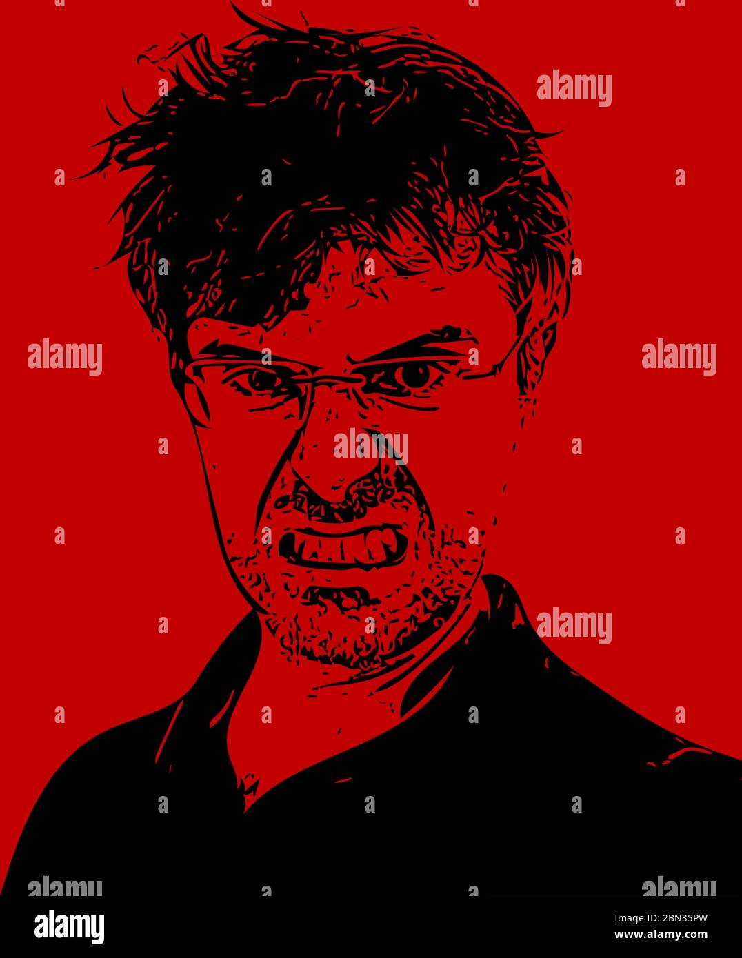 Creepy illustration of angry man with mental disorder. concept of difficulty controlling anger. Black lines on red background Stock Photo