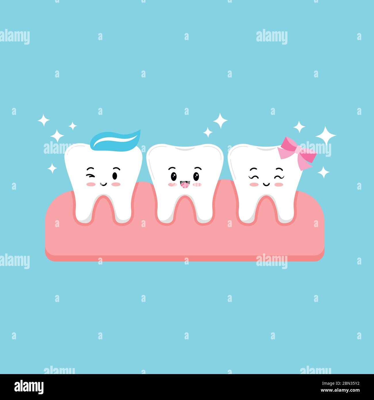 Cute white tooth boys and girl in gum emoji vector set isolated on blue background. Stock Vector