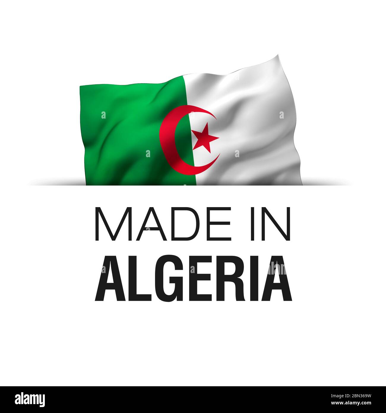 Made in Algeria - Guarantee label with a waving Algerian flag. 3D illustration. Stock Photo