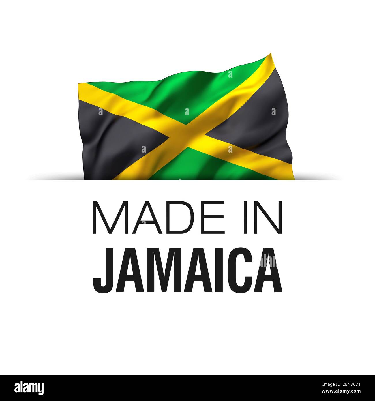 Made in Jamaica - Guarantee label with a waving Jamaican flag. 3D illustration. Stock Photo