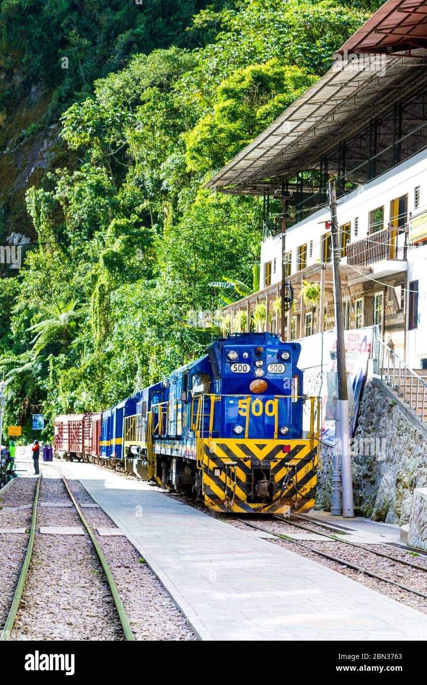 Train in Aguas Calientes, town nearest to Machu Pichhu, Sacred Valley, Peru Stock Photo
