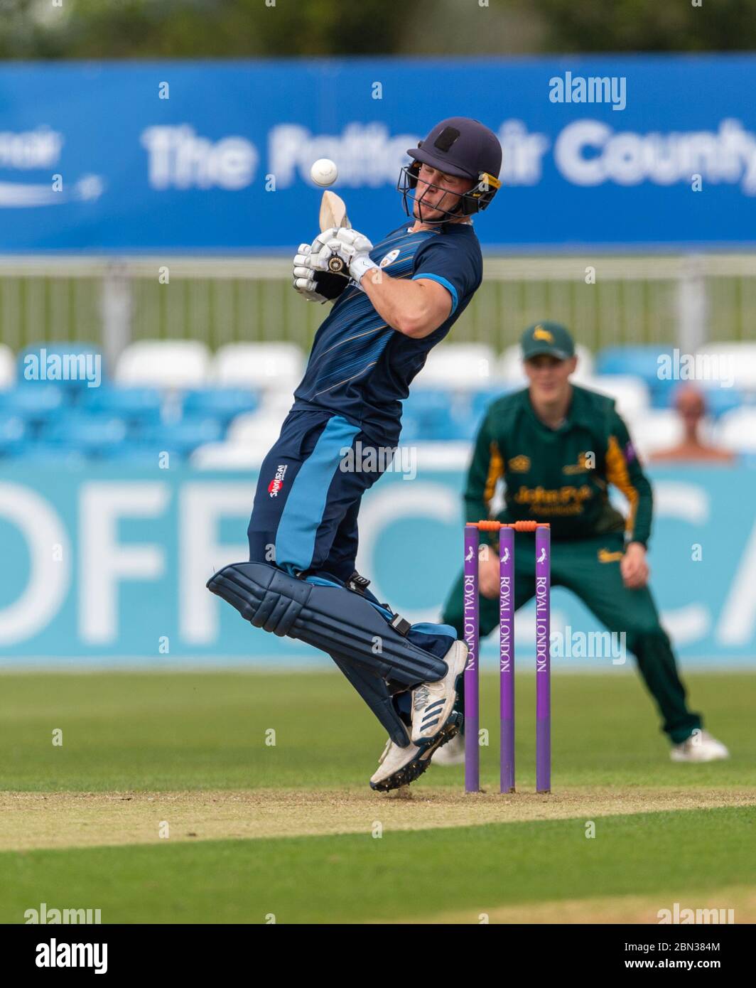 Tom Wood avoiding a bouncer whilst batting for Derbyshire 2nd XI against Nottinghamshire in a One Day Trophy Match 1 May 2019 Stock Photo