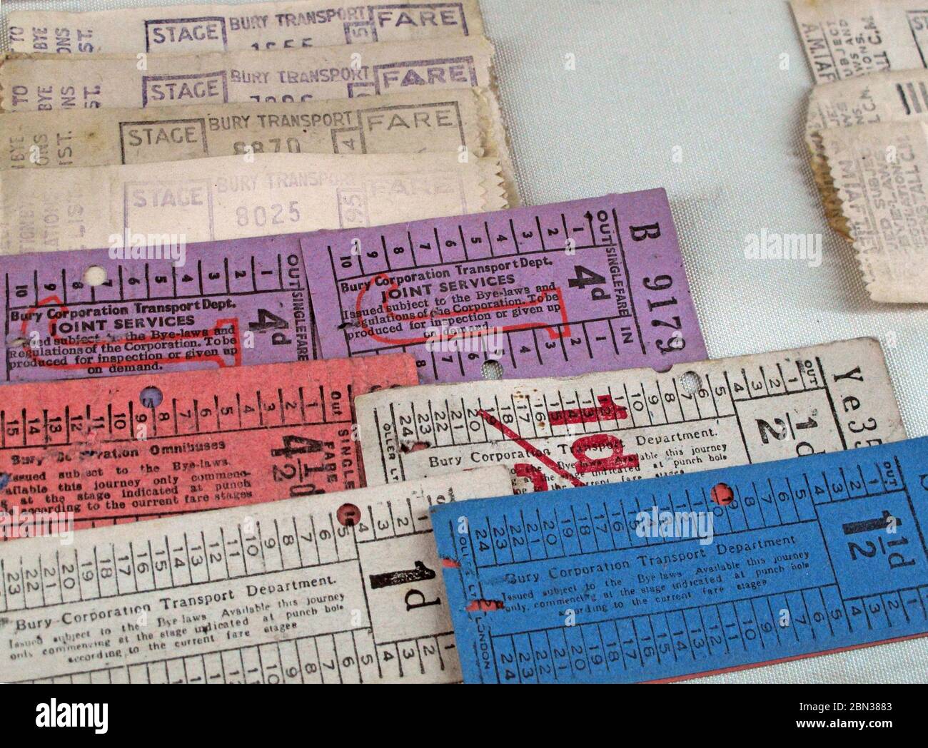 3d,9d,5d,11d,day return,single Bury Corporation bus tickets, from 1960's, Greater Manchester, Lancashire, England, UK - Preprinted bus Tickets Stock Photo