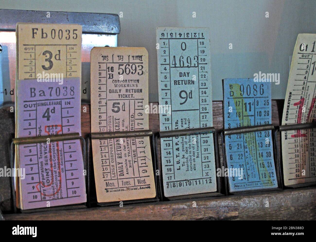 3d,9d,5d,11d,day return,single Bury Corporation bus tickets, from 1960's, Greater Manchester, Lancashire, England, UK - Preprinted bus Tickets Stock Photo