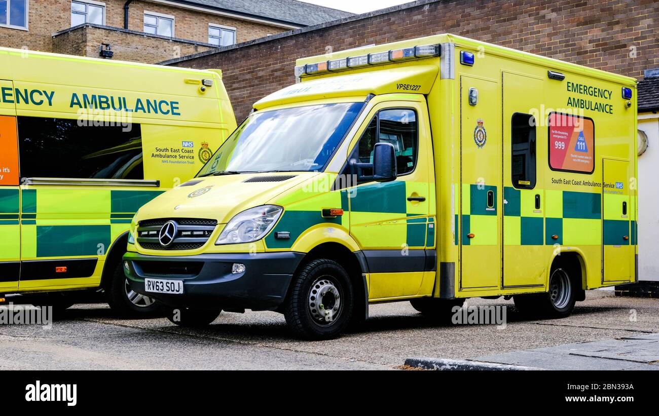 Parked Ambulances In South London, UK, Emergency Medical Response Vehicles Stock Photo
