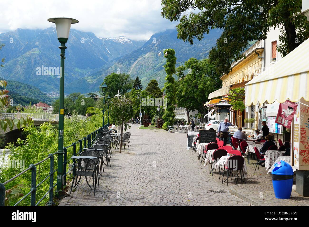 Phase 2 of restrictions because of COVID-19. Some restaurants in Merano, South Tyrol, Italy are already opened. Stock Photo