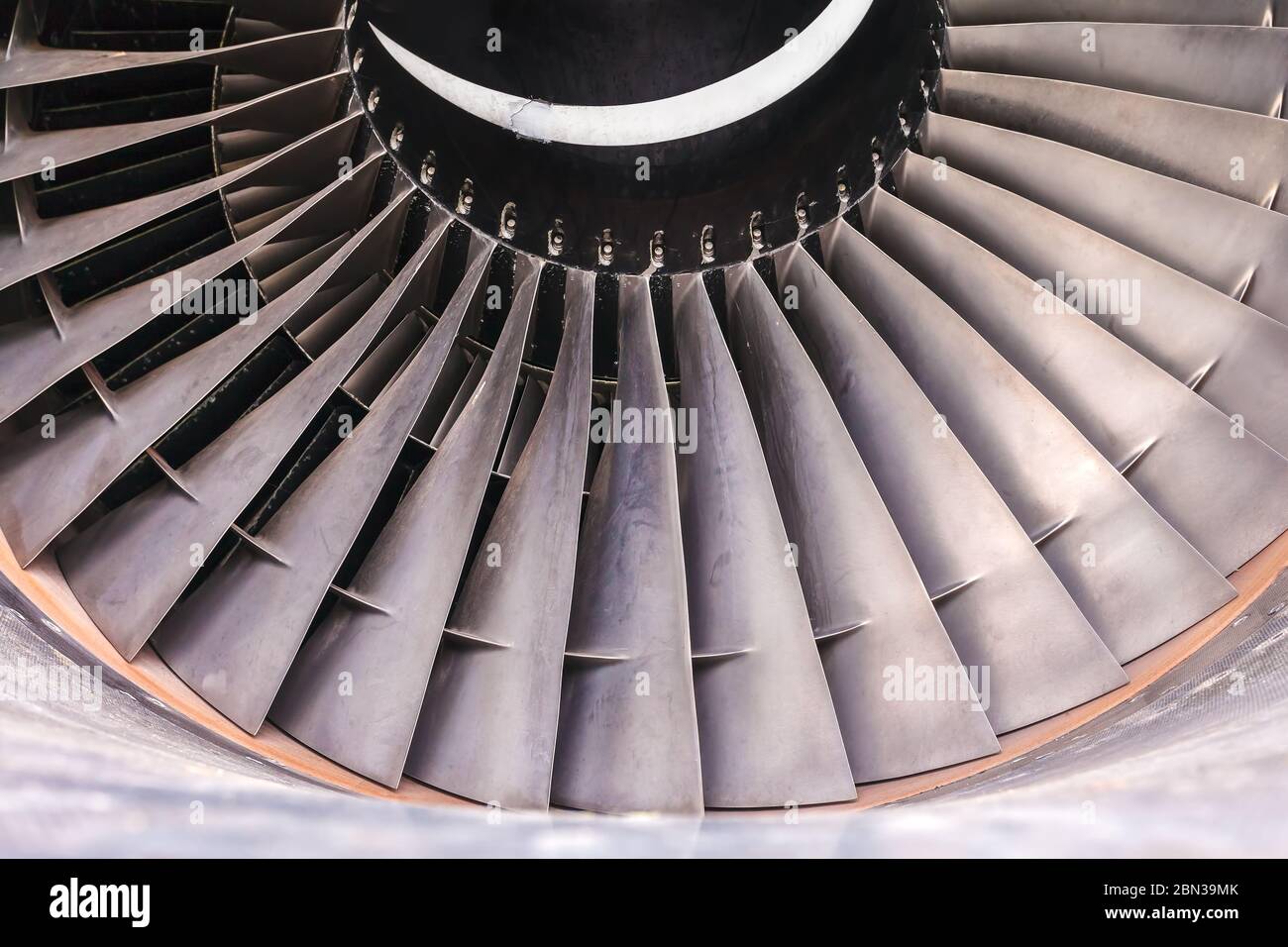 Detail of a used airplane jet turbine engine Stock Photo