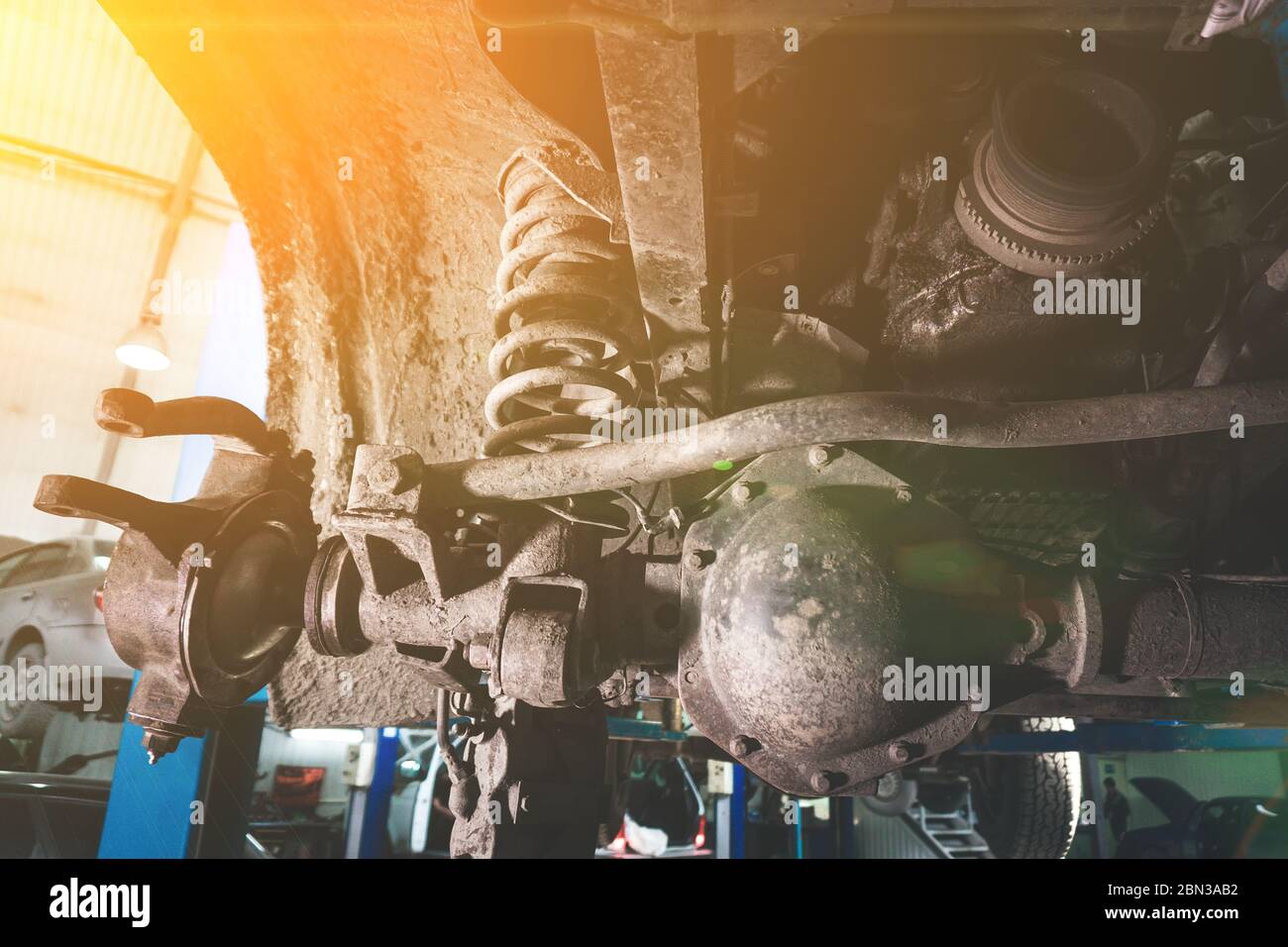 disassembled front of a car without engine, headlights, radiator. Work ...
