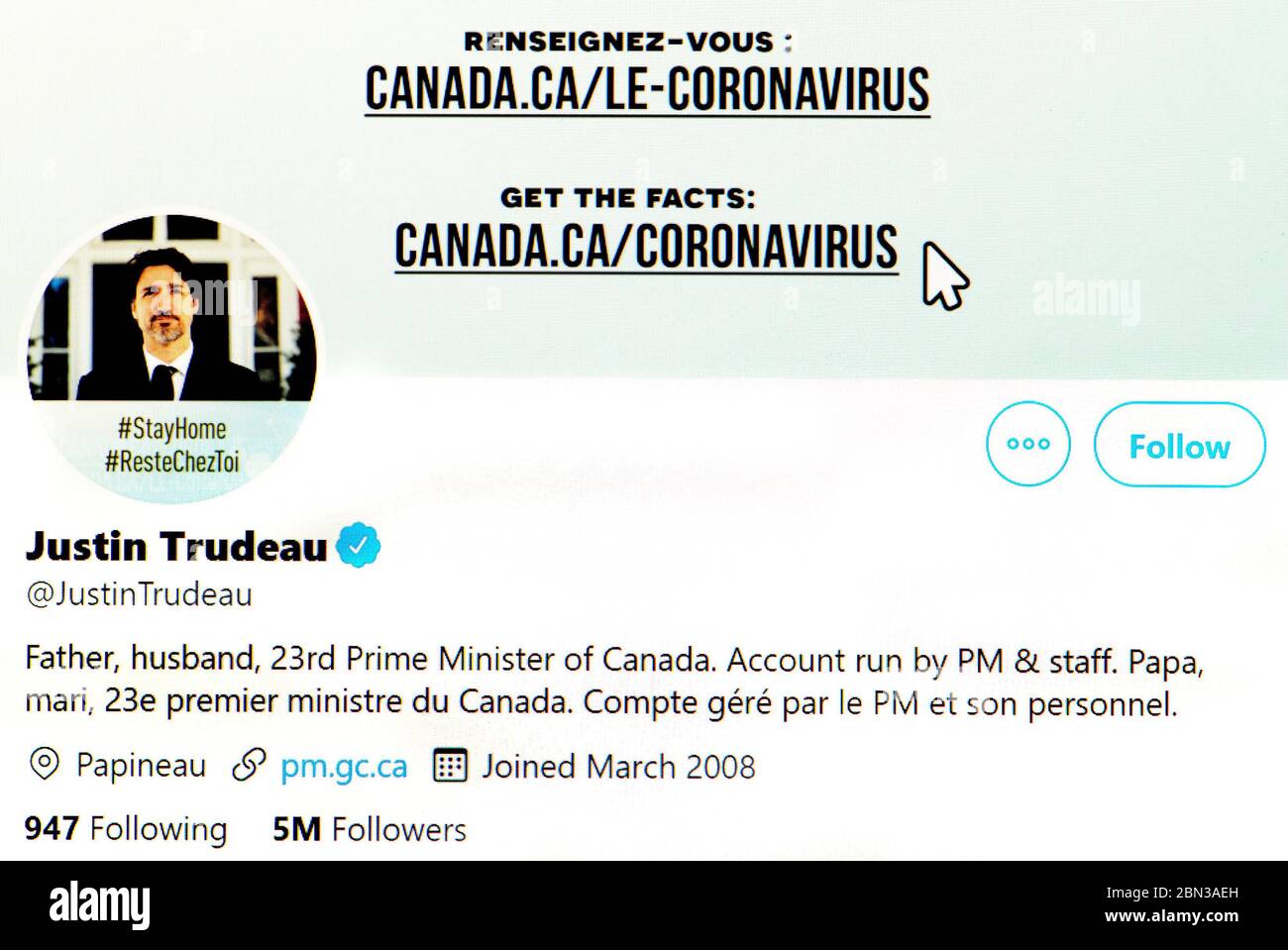 Twitter page (May 2020) Justin Trudeau - Prime Minister of Canada Stock Photo