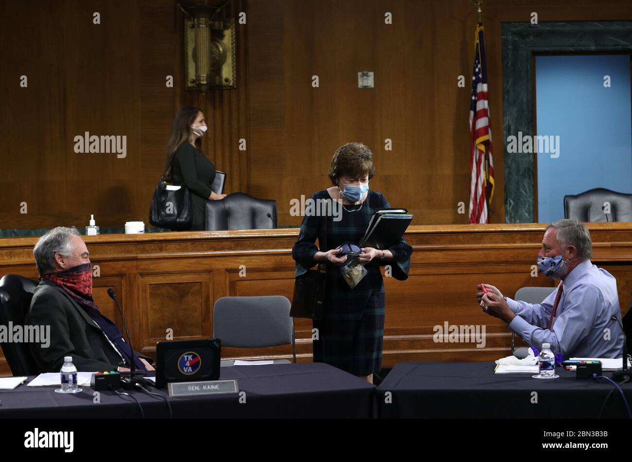 Washington, United States. 12th May, 2020. Sen. Richard Burr (R-NC) (R) Sen. Tim Kaine (D-VA) (L) and Sen. Susan Collins (R-ME) attend a Senate Health, Education, Labor and Pensions Committee hearing on Capitol Hill on Tuesday, May 12, 2020 in Washington, DC. The committee is hearing testimony from members of the White House Coronavirus Task Force on how to safely reopen the country. Chairman Lamar Alexander and the witnesses are all in self-quarantine since they have been exposed to the virus. Stock Photo
