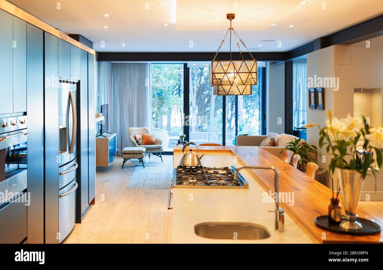 Modern home showcase interior kitchen and living room Stock Photo