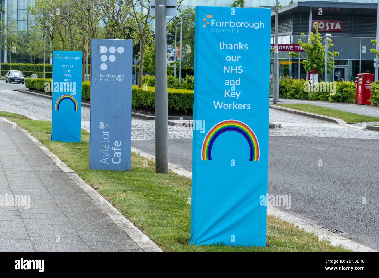 Rainbow signs at Farnborough Business saying thanks to our NHS and key