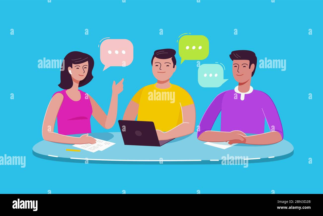 Teamwork, brainstorm. Employees negotiating while sitting at table. Vector illustration Stock Vector