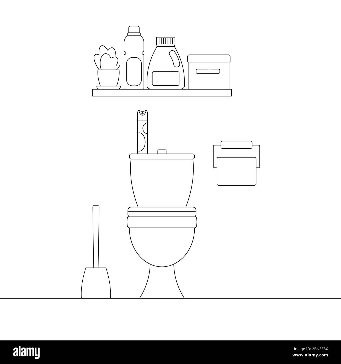 Restroom line art interior with furniture isolated on white background