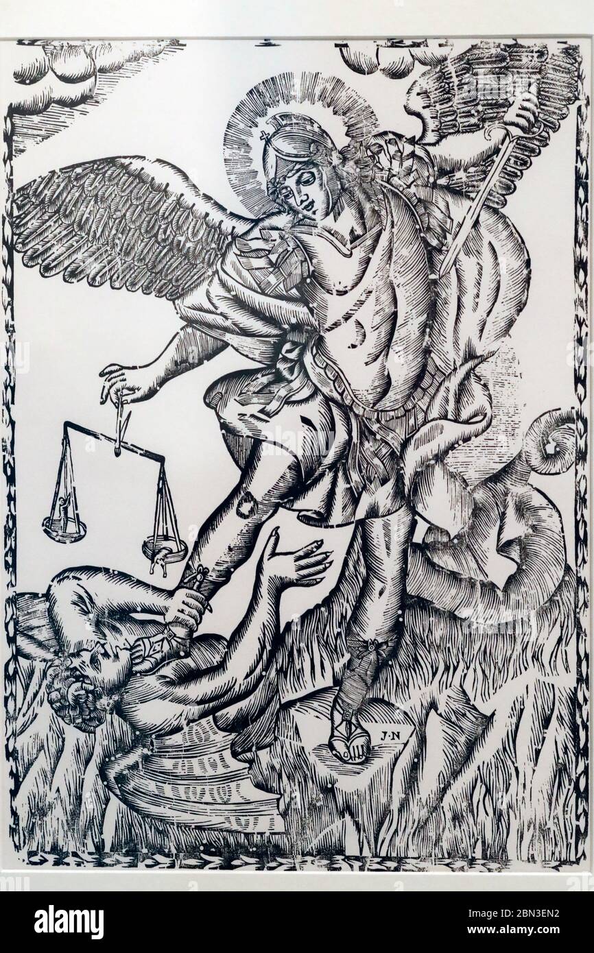 Rolin art museum. Archangel Michael defeating evil. Autun. France Stock ...