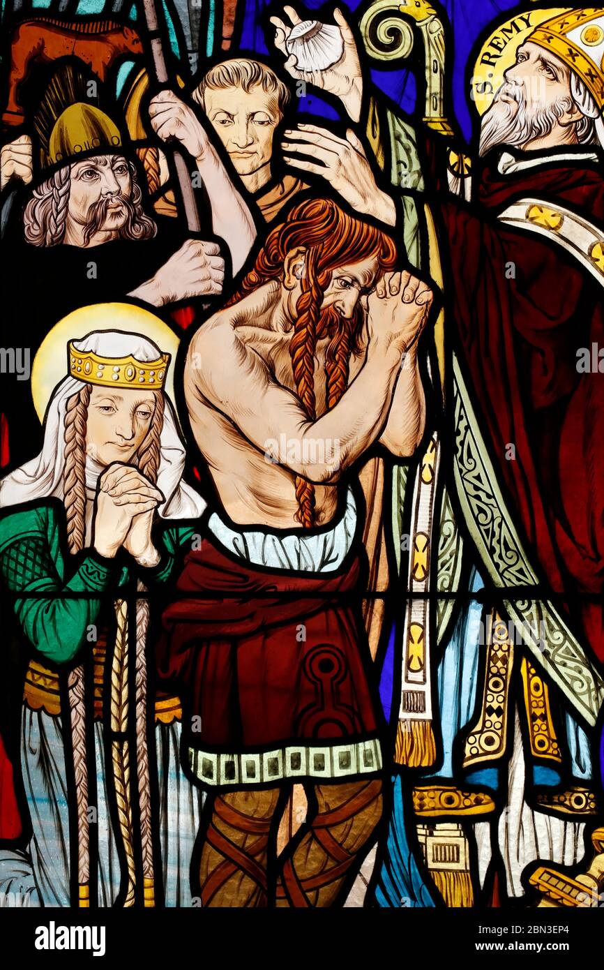 Saint Honore d'Eylau church. Stained glass window. Baptism of Clovis