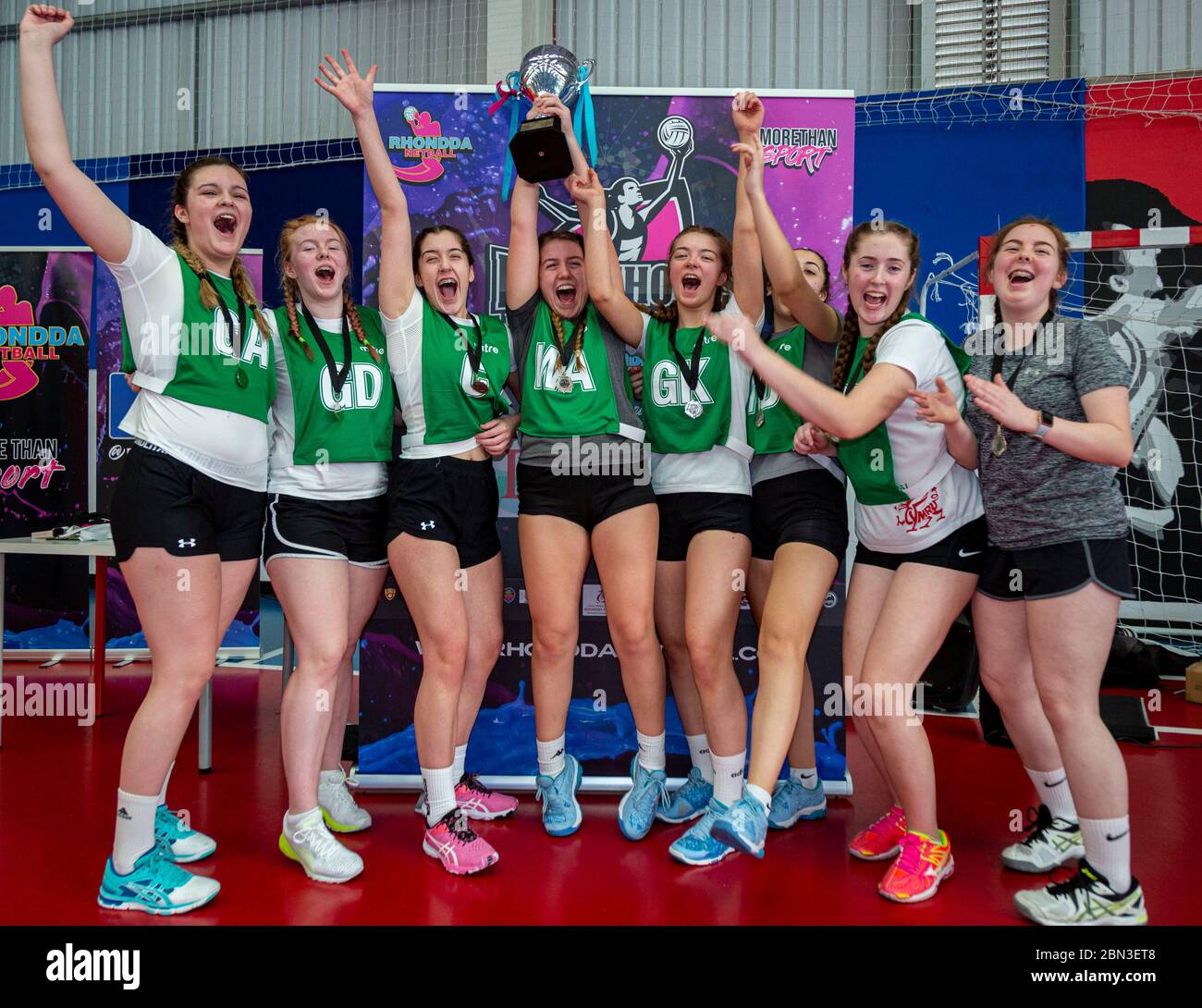 CARDIFF, UNITED KINGDOM. 13 Feb 2020. RCT Schools Netball Champions Mountain Ash Comprehensive Scool celebrate with their trophy at the Cardiff City House of Sport in Cardiff, Wales.  Photo © Matthew Lofthouse - Freelance Photographer. Stock Photo