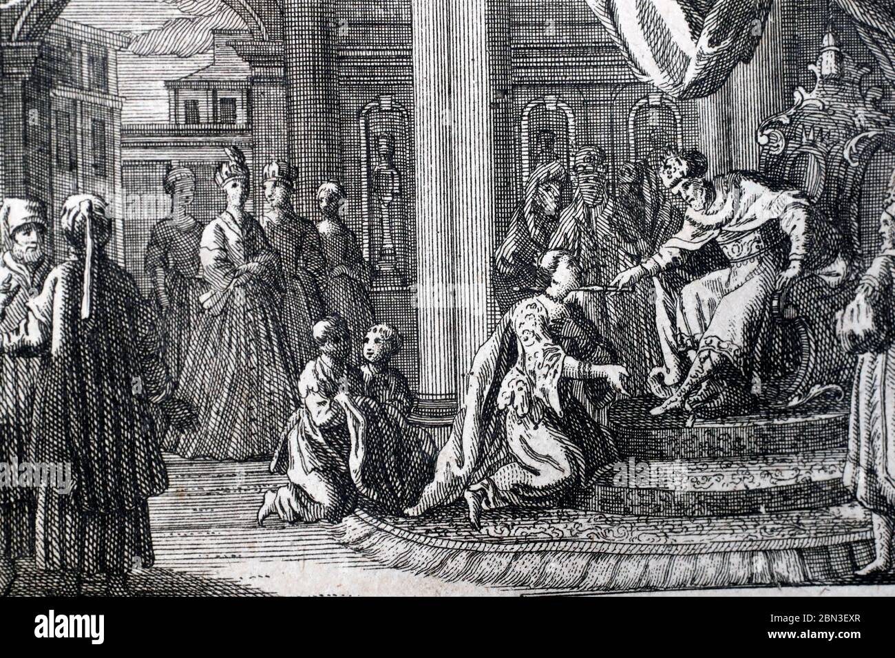 Historical Illustration in an Old Bible. 18 th century. Old Testament. Esther.  France. Stock Photo