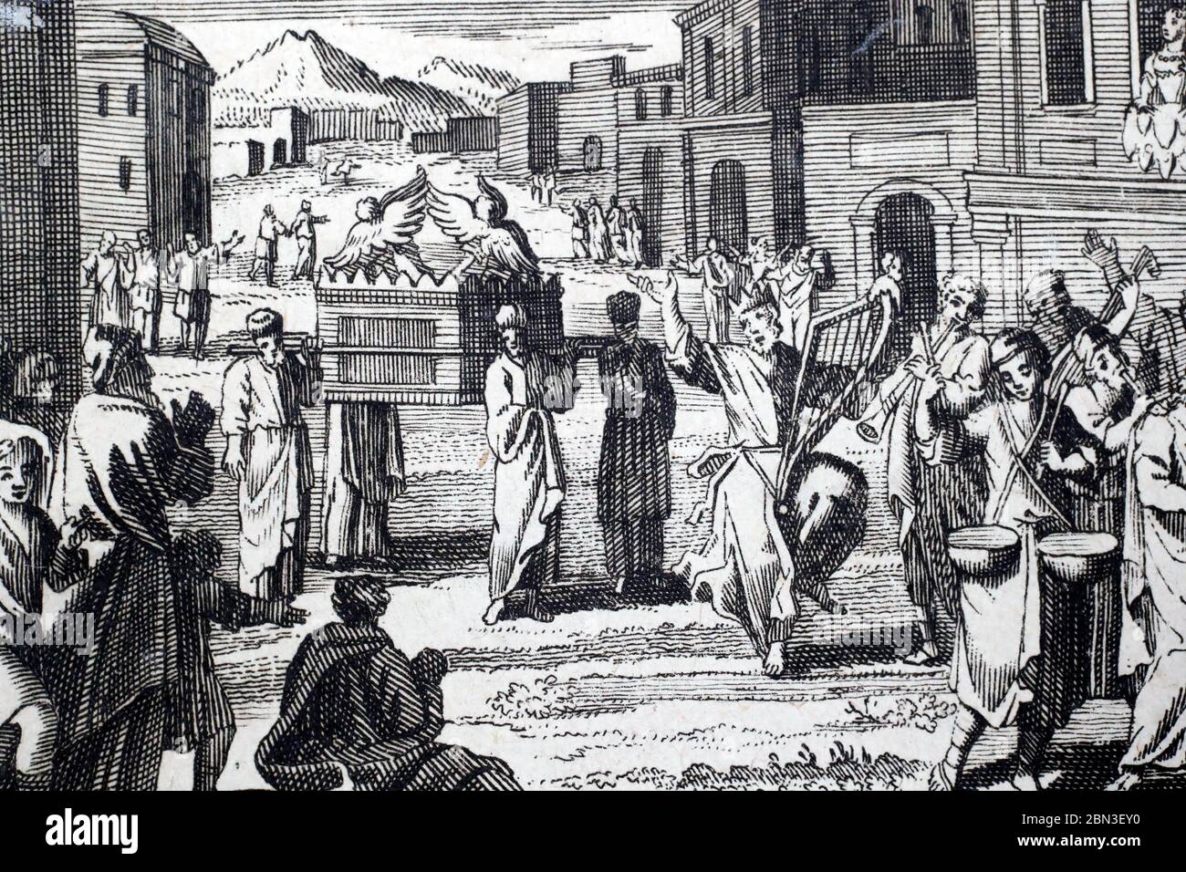 Historical Illustration in an Old Bible. 18 th century. Old Testament. David bringing the Ark into Jerusalem.  France. Stock Photo