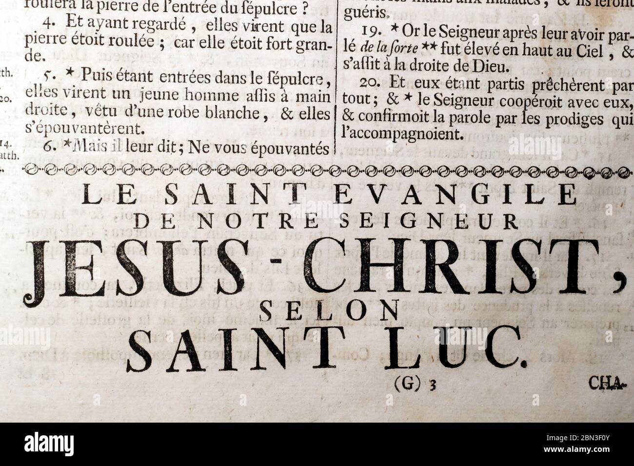 Old Bible in french. 18 th century.  NewTestament.  The Gospel According to Luke.  France. Stock Photo