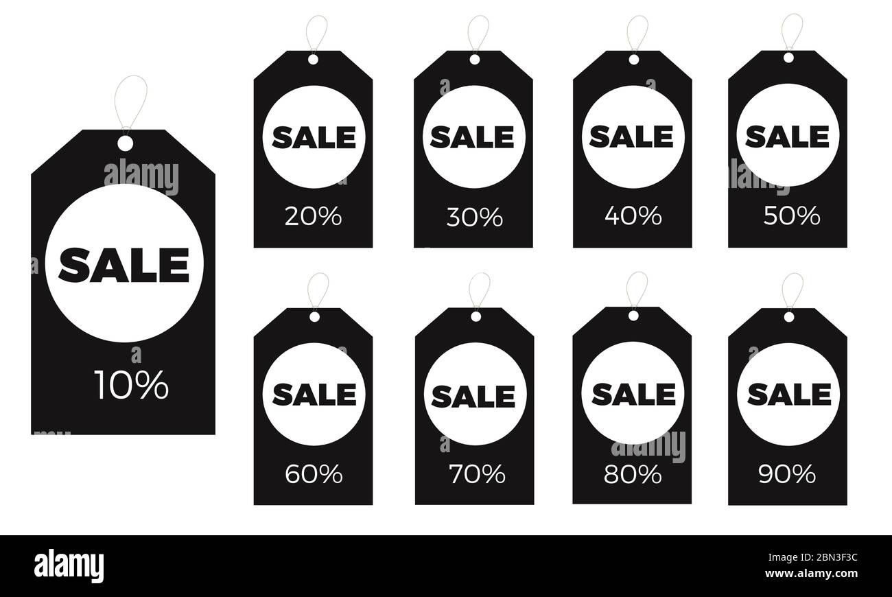 Sale tags set vector badges template, up to 10, 20, 30, 40, 50, 60, 70, 80, 90 percent off. Templates ready for use in advertising design, web and Stock Vector