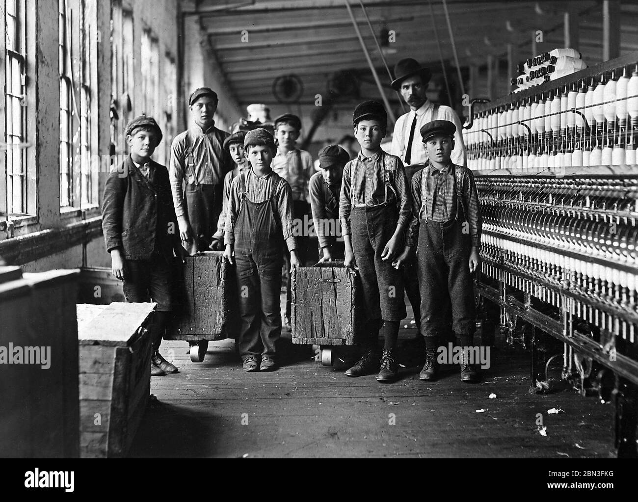 Boys working in the Catawba, Cotton Mill (Newton, North Carolina) spinning room. Stock Photo