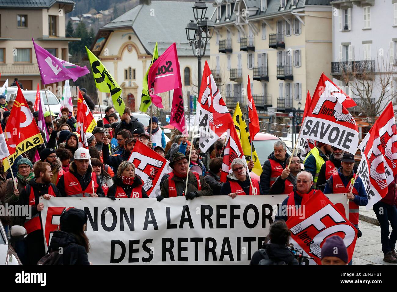 Street demonstration  against pension reform. Saint Gervais les Bains. France. Stock Photo