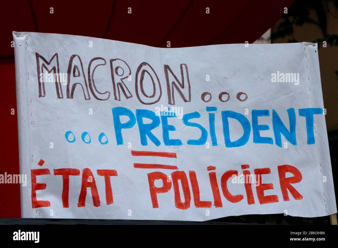 Street demonstration  against pension reform and french pre'sident Emmanuel Macron.  Saint Gervais les Bains. France. Stock Photo