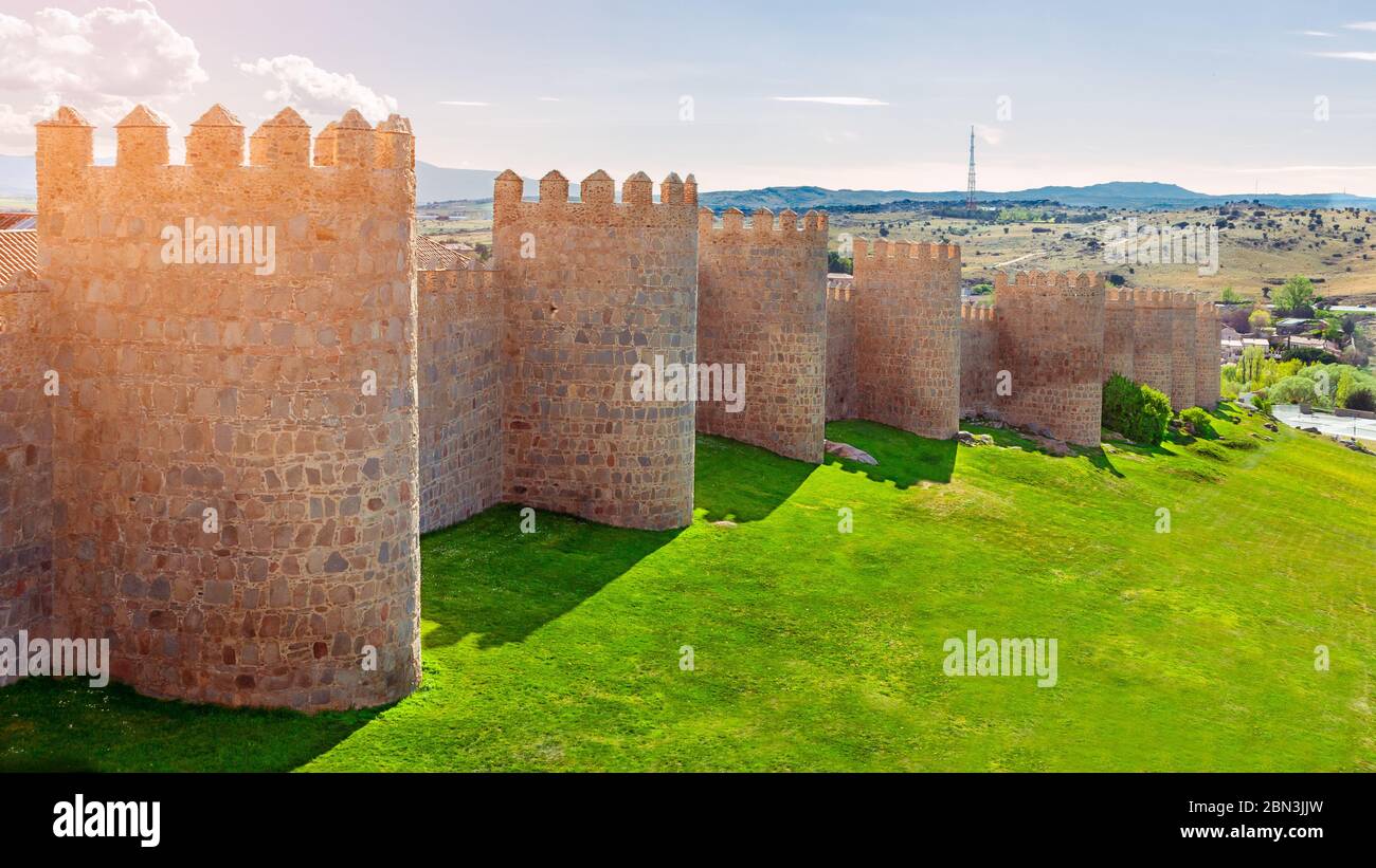 Walls of Avila, Castilla y Leon, Spain . Fortified building. Stock Photo
