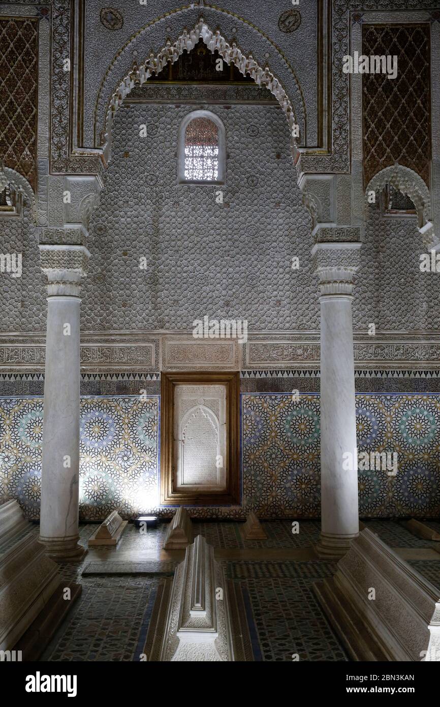 Saadian Tombs, a historic royal necropolis in Marrakech, Morocco. Chamber of the Twelve Columns, the mausoleum of Sultan Ahmad al-Mansur. Stock Photo