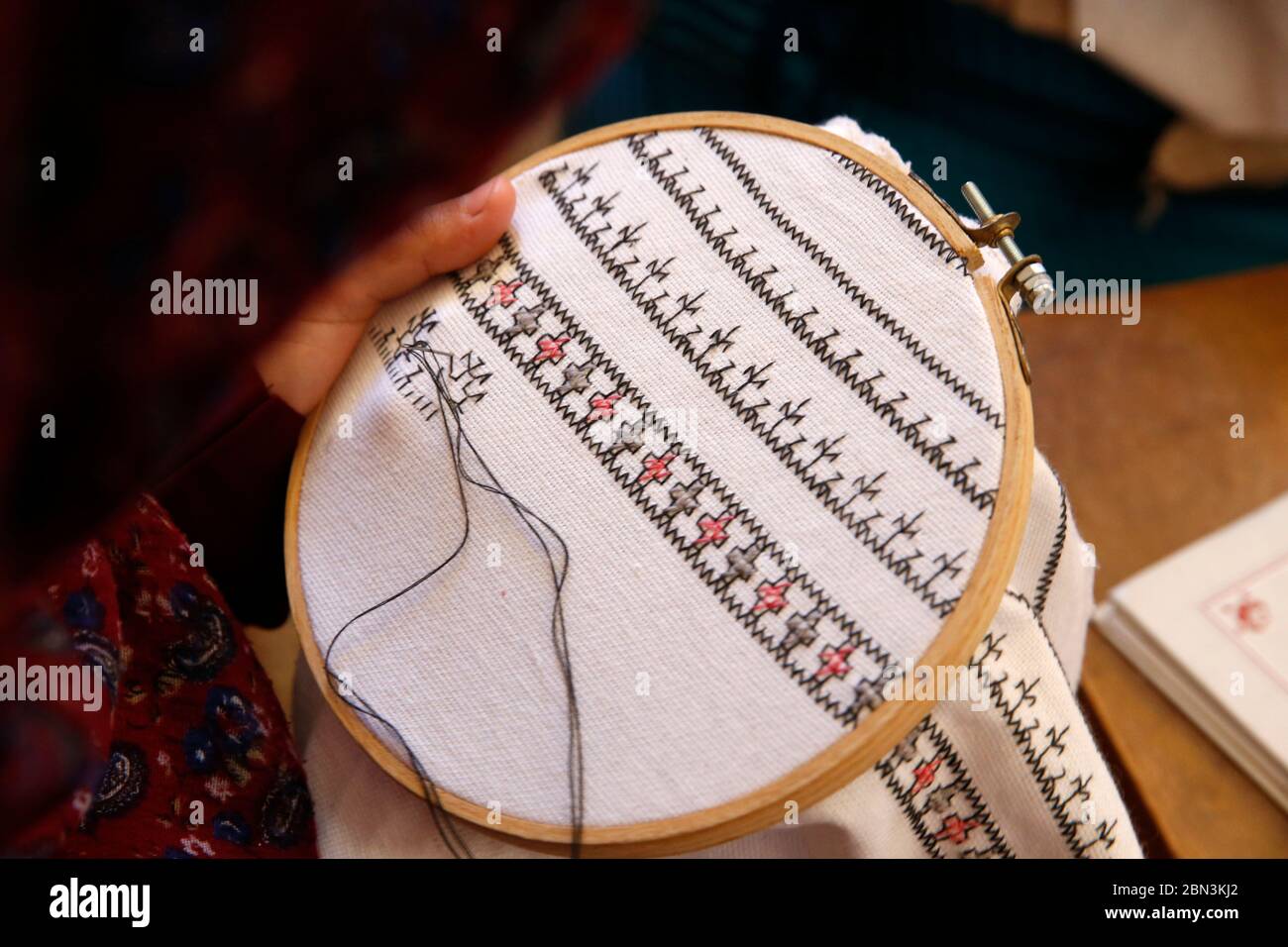 Vocational training in Mohammedia catholic church, Morocco. Embroidery. Stock Photo