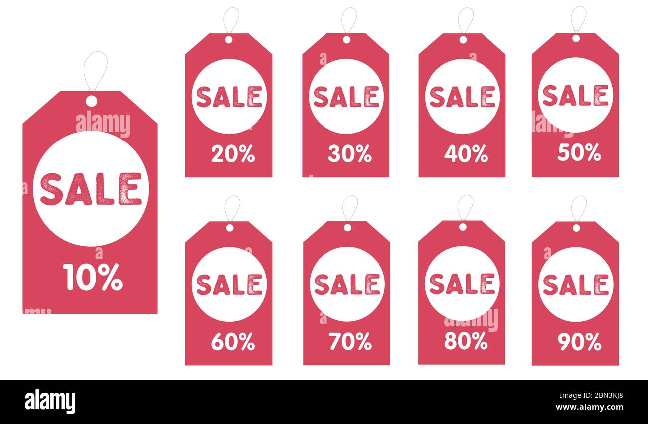 Sale tags set vector badges template, up to 10, 20, 30, 40, 50, 60, 70, 80, 90 percent off. Templates ready for use in advertising design, web and Stock Vector
