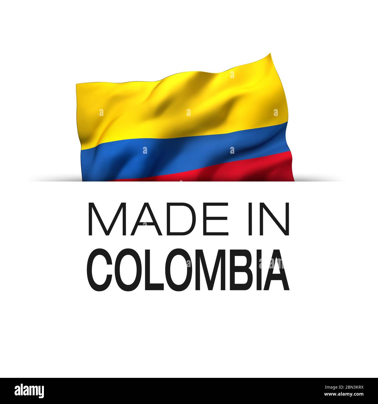 Made in Colombia - Guarantee label with a waving Colombian flag. 3D illustration. Stock Photo