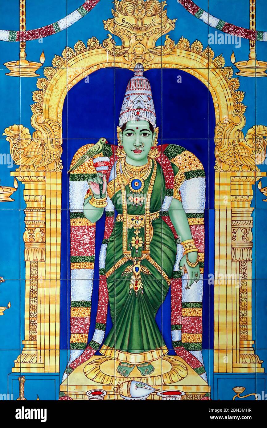 Sri Mahamariamman Hindu Temple.  Hindu goddess  Meenakshi with a green parrot perching on her right hand.  Kuala Lumpur. Malaysia. Stock Photo
