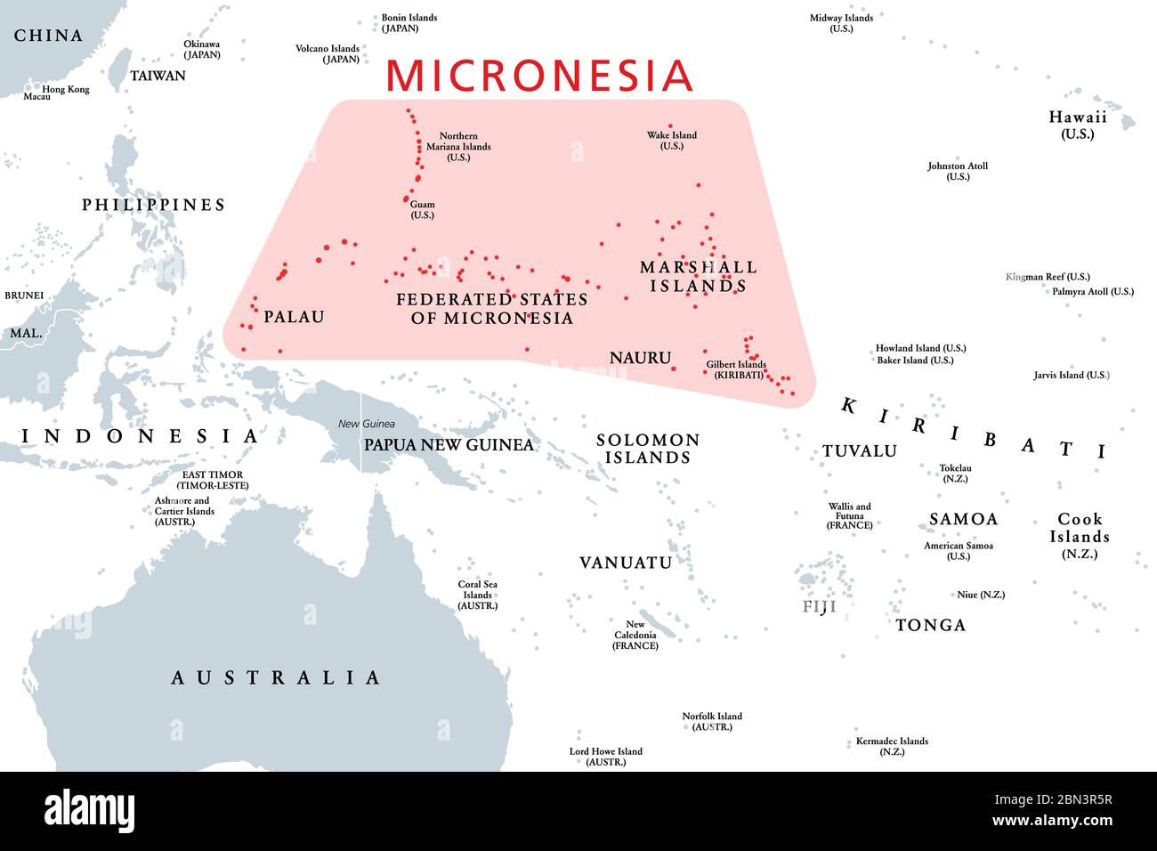 Micronesia, subregion of Oceania, political map. Composed of thousands of small islands in western Pacific Ocean next to Polynesia and Melanesia. Stock Photo