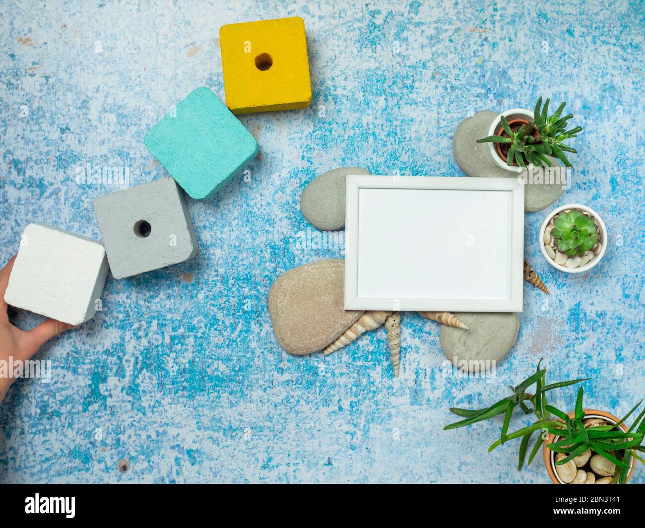 Download Top View Of Picture Frame Mockup With Succulent Plants Rocks Sea Shelves And Summer Decorations On Old Blue Table Stock Photo Alamy